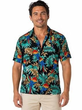 Pacific Company Men’s Hawaiian shirt Medium Floral Beach Parrot Print Magnum PI
